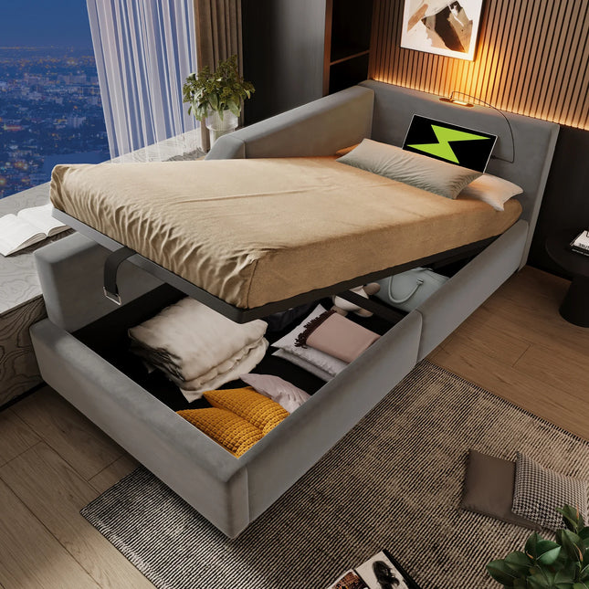 Lit coffre 1 place 90x200 avec rangement – Daybed velours avec lumière & USB-C Gris