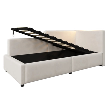 Single storage bed (90x200cm) – Velvet daybed with light &amp; USB-C, Beige