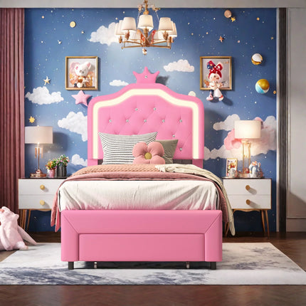 Single bed 90x200 – Princess design with storage drawer Pink
