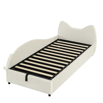 Single bed with storage (90x200cm) – Cat design in beige velvet