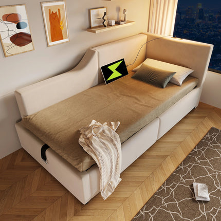 Single storage bed (90x200cm) – Velvet daybed with light &amp; USB-C, Beige