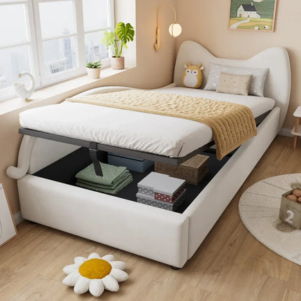 Single bed with storage (90x200cm) – Cat design in beige velvet