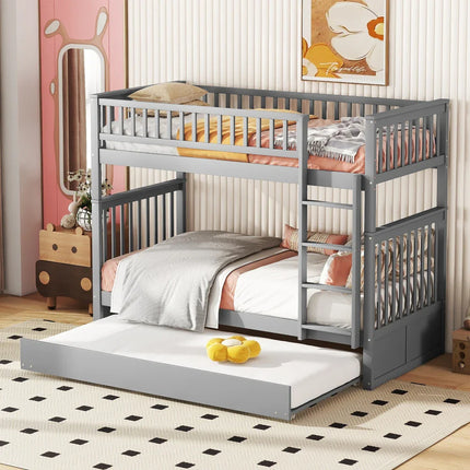 Loft bed with two single beds (90x200cm) – Wood with stairs and pull-out bed, Grey