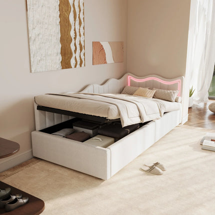 Single storage bed (90x200 cm) with hydraulic storage – Beige velvet