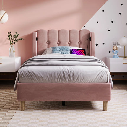 Single bed 90x200 – Pink tufted velvet with integrated USB-C port