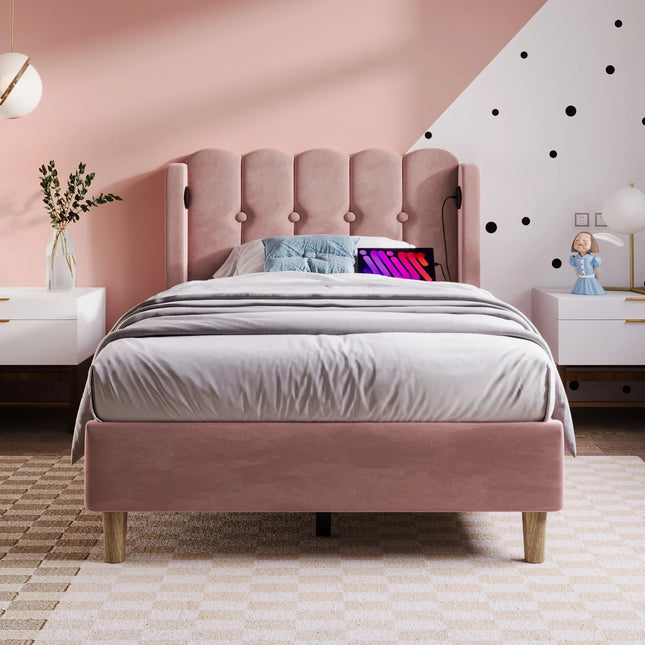 Lit 1 place 90x200 – Velours rose capitonné avec port USB-C intégré
