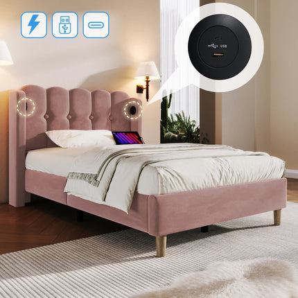 Single bed 90x200 – Pink tufted velvet with integrated USB-C port