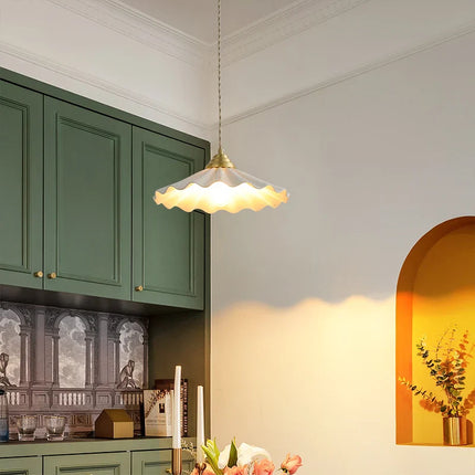 Suspension en céramique et cuivre avec abat-jour ondulé vintage