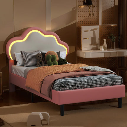 Children's single bed 90x200 – Cloud design with LED lights in pink faux leather
