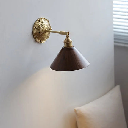 Conical Wood and Brass Wall Sconce