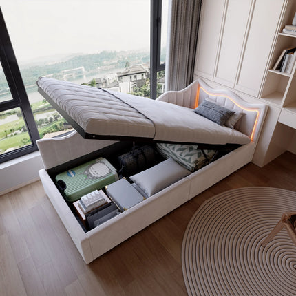 Single storage bed (90x200 cm) with hydraulic storage – Beige velvet