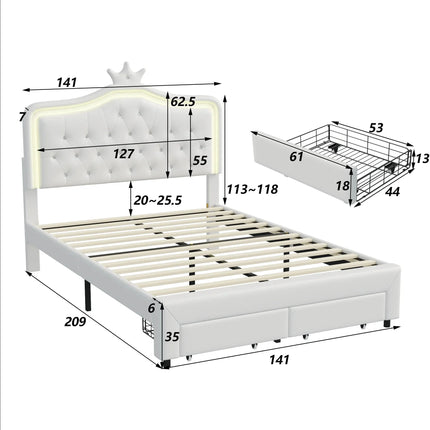 Double bed 140x200 – Princess design with storage drawer White