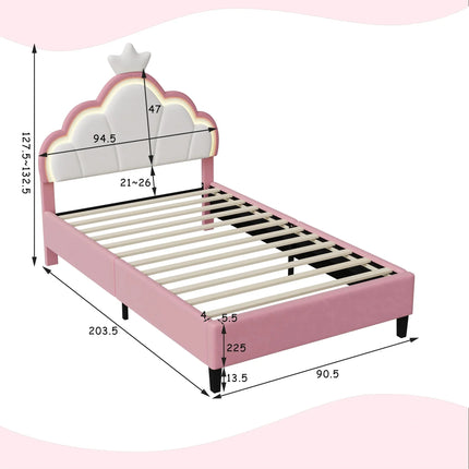 Einzelbett 90x200 – Prinzessinnen-LED-Design mit rosa Kronen-Kopfteil