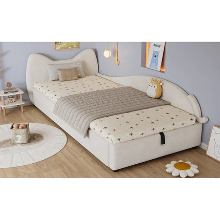 Single bed with storage (90x200cm) – Cat design in beige velvet
