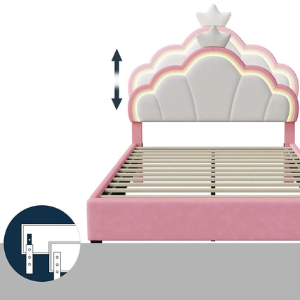 Double bed 140x200 – Princess LED design with pink crown headboard