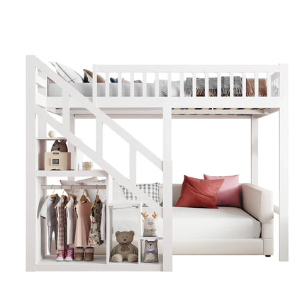 Hochbett für 1 oder 2 Personen, 140 x 200 cm – Weißes Holz mit Treppe und Stauraum
