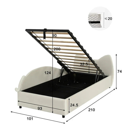 Single bed with storage (90x200cm) – Cat design in beige velvet