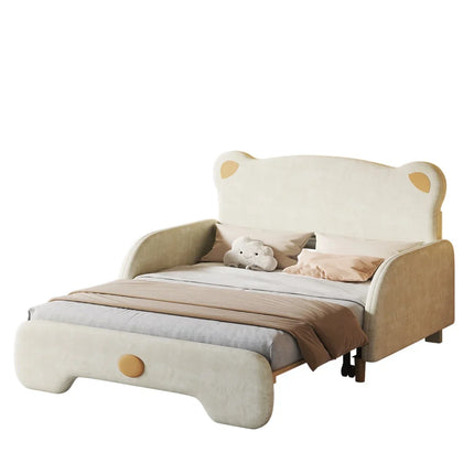 Children's double bed 140x200 – Bear design in beige velvet
