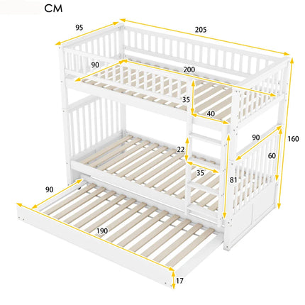 Loft bed with two single beds (90x200 cm) – Wood with staircase, White