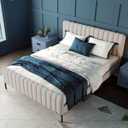 Lit 2 places 160x200 – Tissu beige, tête de lit ajustable