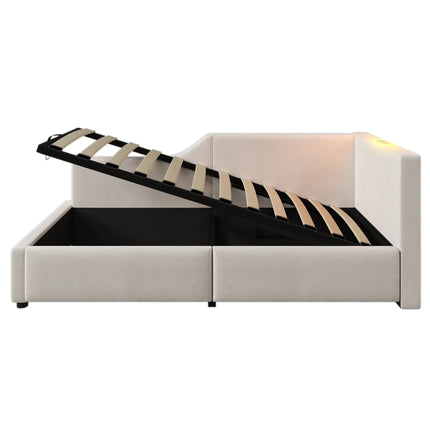 Single storage bed (90x200cm) – Velvet daybed with light &amp; USB-C, Beige