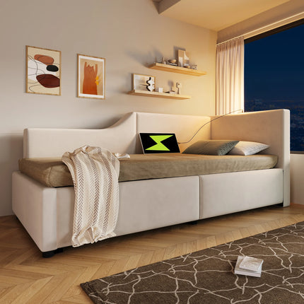 Single storage bed (90x200cm) – Velvet daybed with light &amp; USB-C, Beige