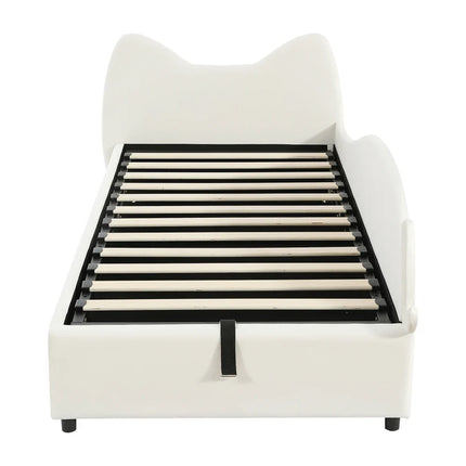 Single bed with storage (90x200cm) – Cat design in beige velvet