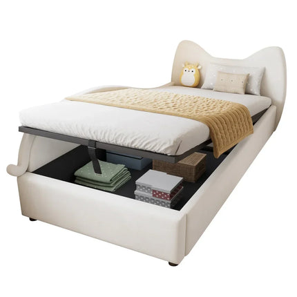 Single bed with storage (90x200cm) – Cat design in beige velvet