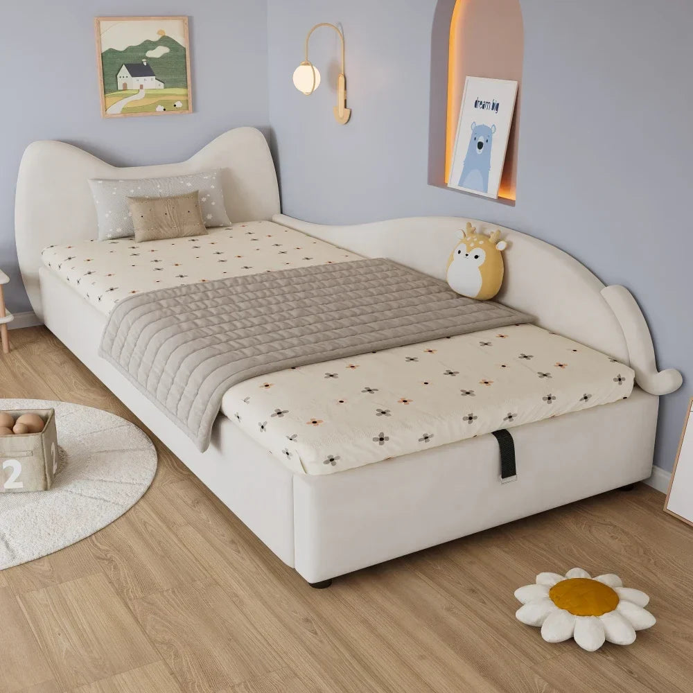 Einzelbett mit Stauraum (90 x 200 cm) – Katzenmotiv in beigem Samt