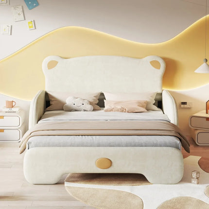 Children's double bed 140x200 – Bear design in beige velvet