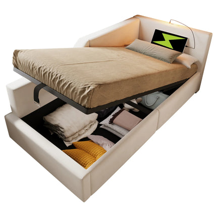 Single storage bed (90x200cm) – Velvet daybed with light &amp; USB-C, Beige