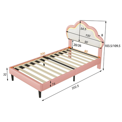 Children's single bed 90x200 – Cloud design with LED lights in pink faux leather