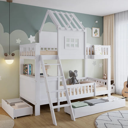 Hochbett mit Zwischengeschoss für 1 Person, 90 x 200 cm – bietet Platz für 2 Personen, Weiß