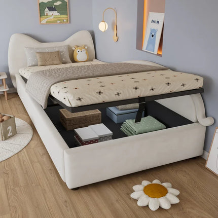 Single bed with storage (90x200cm) – Cat design in beige velvet