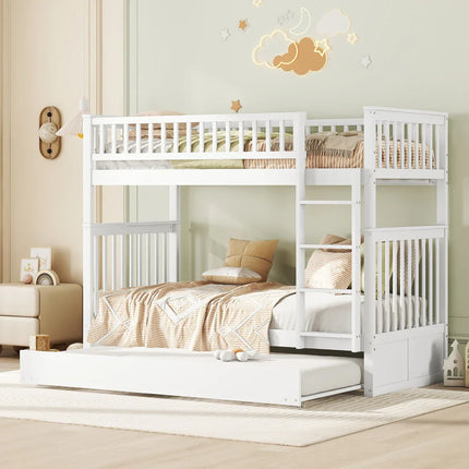 Loft bed with two single beds (90x200 cm) – Wood with staircase, White