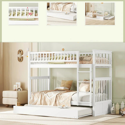 Loft bed with two single beds (90x200 cm) – Wood with staircase, White
