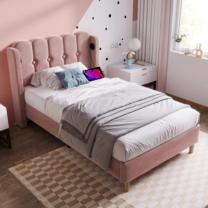 Single bed 90x200 – Pink tufted velvet with integrated USB-C port
