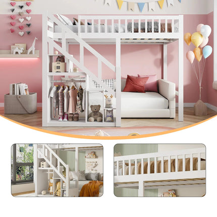Hochbett für 1 oder 2 Personen, 140 x 200 cm – Weißes Holz mit Treppe und Stauraum