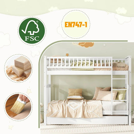 Loft bed with two single beds (90x200 cm) – Wood with staircase, White