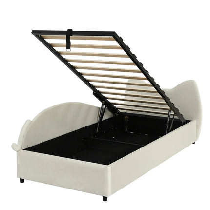 Single bed with storage (90x200cm) – Cat design in beige velvet