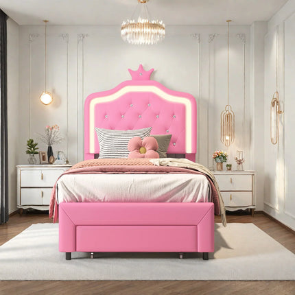 Single bed 90x200 – Princess design with storage drawer Pink