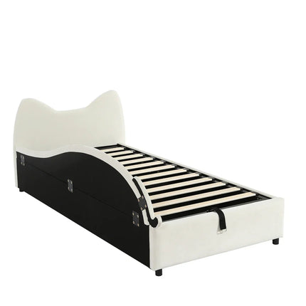 Single bed with storage (90x200cm) – Cat design in beige velvet