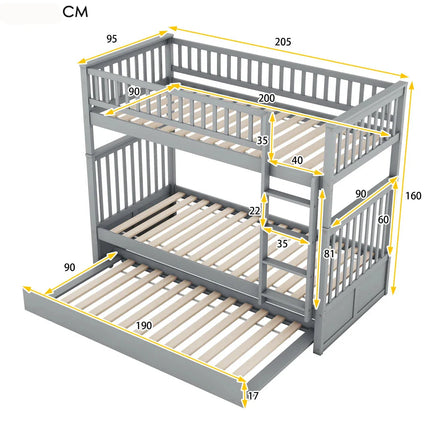 Loft bed with two single beds (90x200cm) – Wood with stairs and pull-out bed, Grey