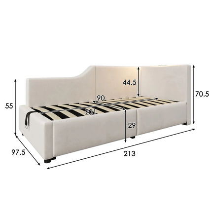Single storage bed (90x200cm) – Velvet daybed with light &amp; USB-C, Beige