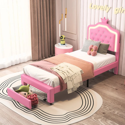 Single bed 90x200 – Princess design with storage drawer Pink