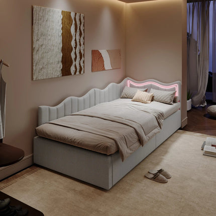 Single storage bed (90x200 cm) with hydraulic storage – Beige velvet