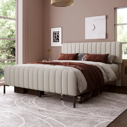 Lit 2 places 160x200 – Tissu beige, tête de lit ajustable