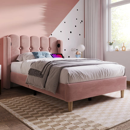 Single bed 90x200 – Pink tufted velvet with integrated USB-C port