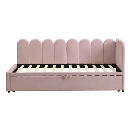 Lit gigogne 1 place 90x190 extensible – Velours rose design pétale