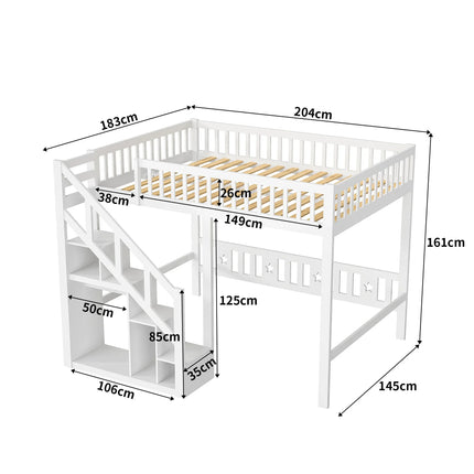 Hochbett für 1 oder 2 Personen, 140 x 200 cm – Weißes Holz mit Treppe und Stauraum